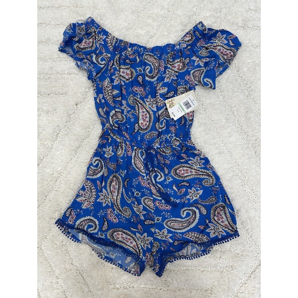 BeeBop Shorts Romper Small Blue Paisley Off Shoulder Tie BOHO Festival Gypsy NEW